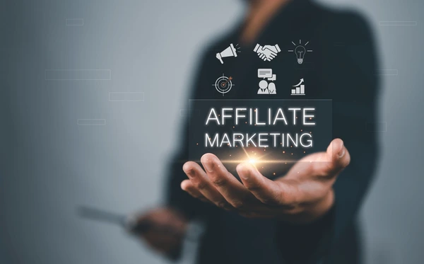 affiliate marketing businessman virtual screen